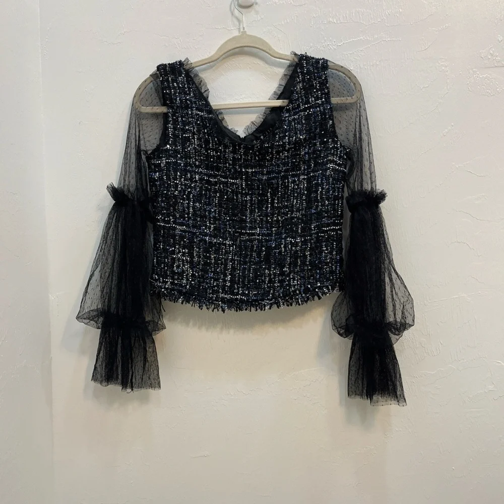 JIA Women Sheer Lace‎ Blouse Black Tiered Ruffle Sleeves Bohemian Goth Small y2k - Picture 7 of 14